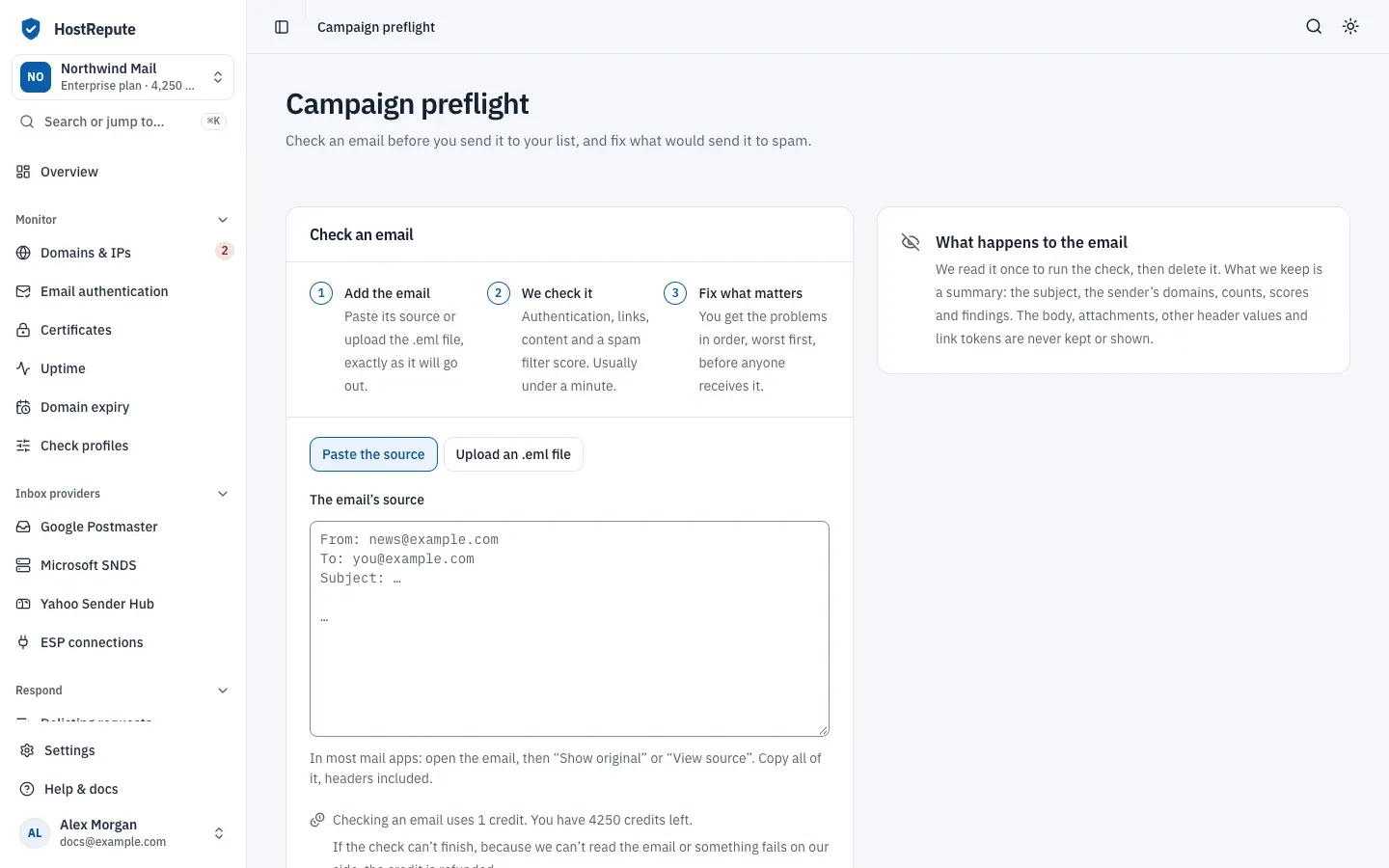 The Campaign preflight page: the three steps, the choice between pasting the source and uploading an .eml file, the source field, the credit cost and the note about what happens to the email.