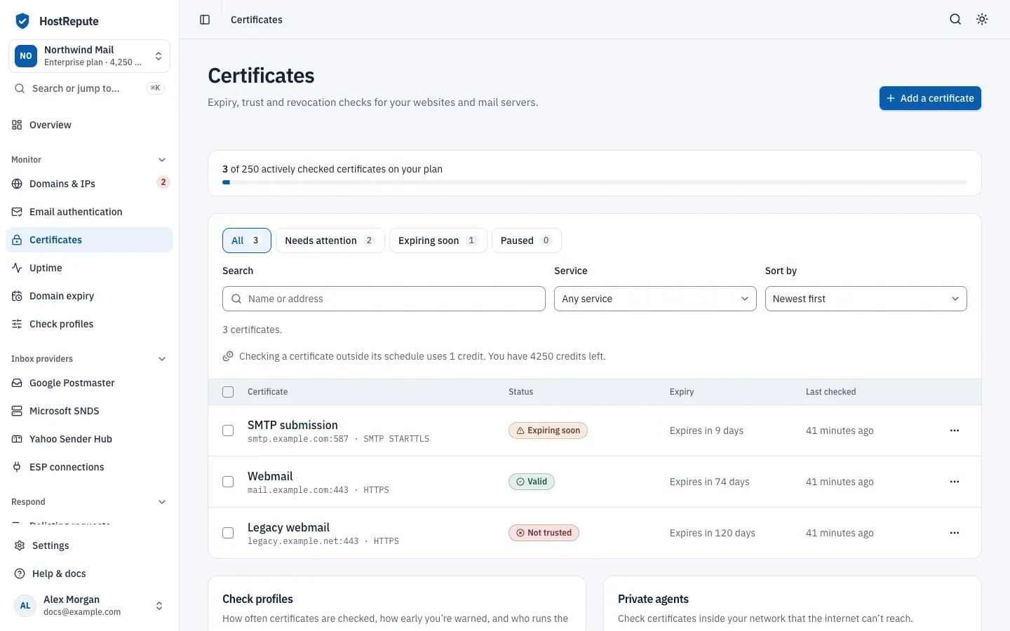 The Certificates page: plan usage, filters, and three certificates for a mail server over SMTP STARTTLS and two HTTPS sites, marked Expiring soon, Valid and Not trusted.