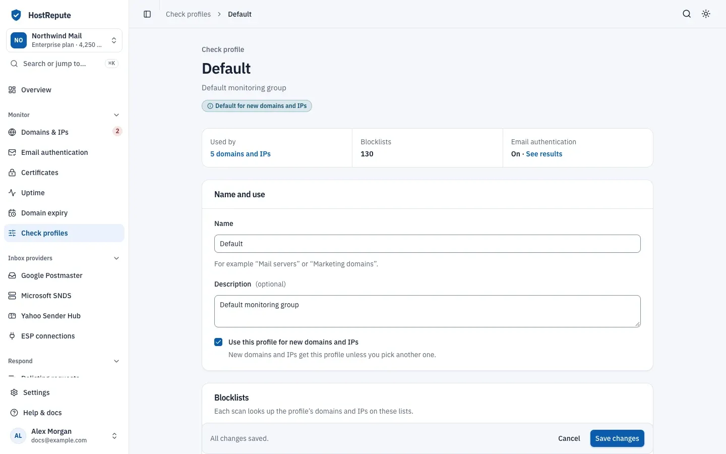The Default check profile's page: it's marked as the default for new domains and IPs, shows how many domains and IPs use it, its number of blocklists and that email authentication is on, and starts the form with the Name and use section.