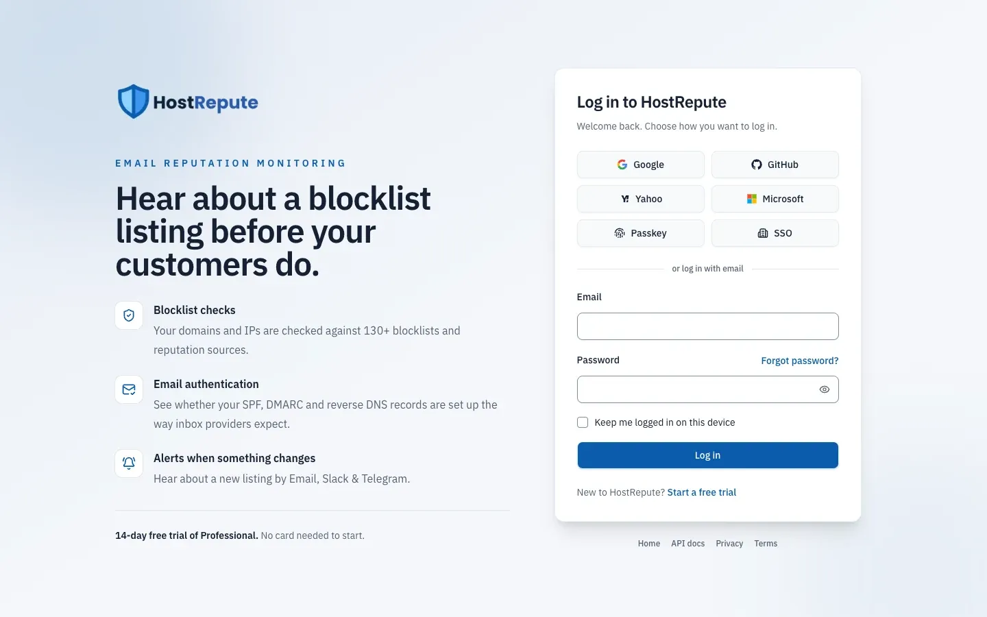 The Log in to HostRepute page: Google, GitHub, Yahoo, Microsoft, Passkey and SSO buttons, then the email and password form with Forgot password?, Keep me logged in on this device and Log in.