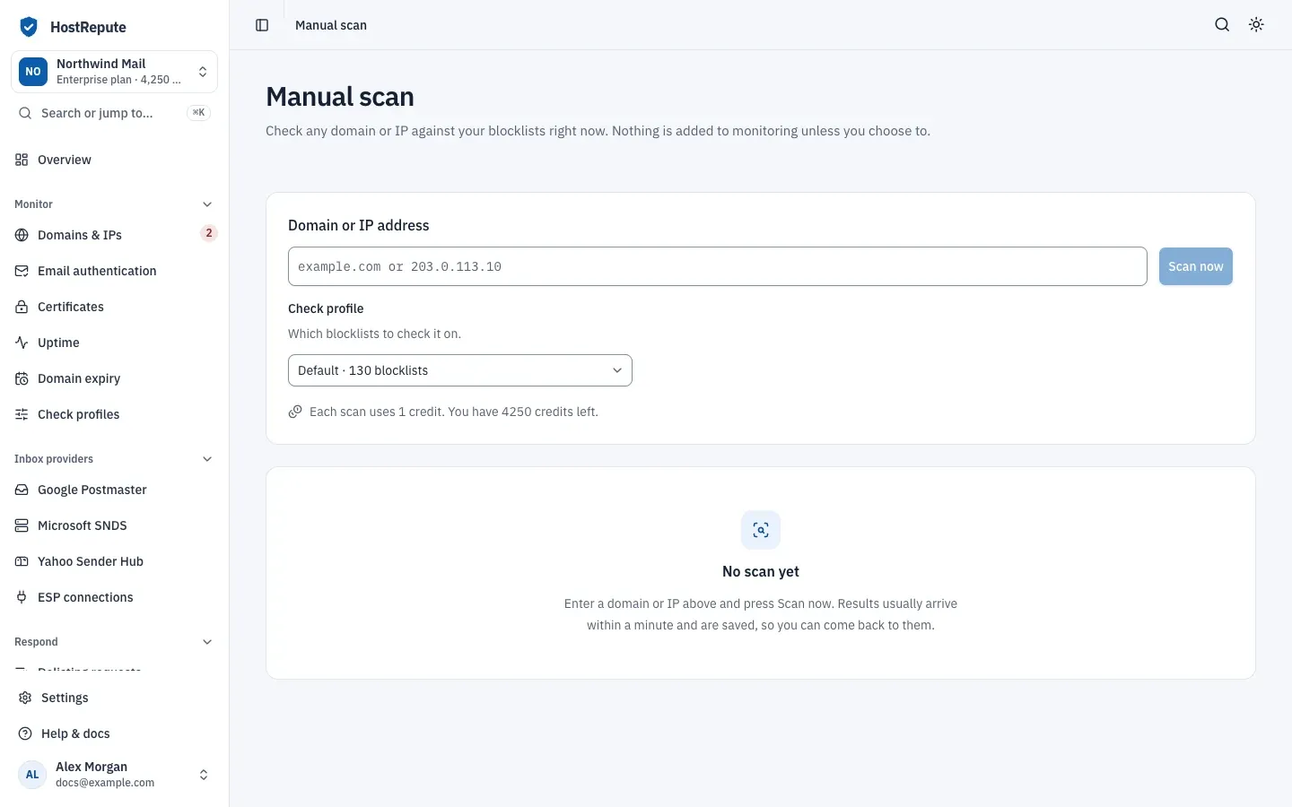 The Manual scan page: a Domain or IP address field with Scan now, the Default check profile with its blocklist count, the credit cost of each scan, and No scan yet.