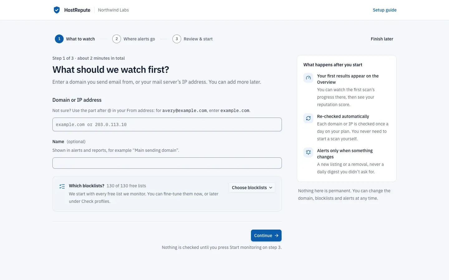Step 1 of 3, What should we watch first?, with the Domain or IP address and Name fields, the blocklist summary and what happens after you start.
