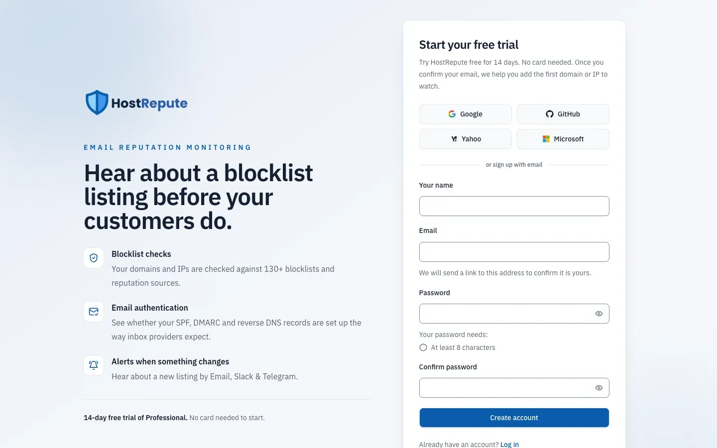 The Start your free trial page: buttons for Google, GitHub, Yahoo and Microsoft, then the name, email and password fields.