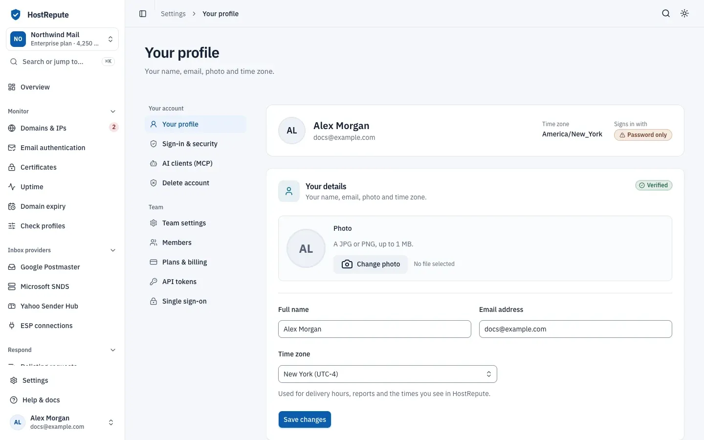 Your profile: a summary with the time zone and sign-in method, then Your details with the photo, Full name, Email address and Time zone fields and Save changes.