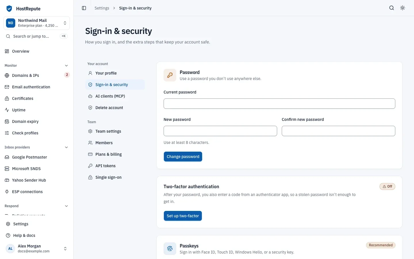 Sign-in & security: the Password card with current, new and confirm fields and Change password, the Two-factor authentication card marked Off with Set up two-factor, and the top of the Passkeys card.