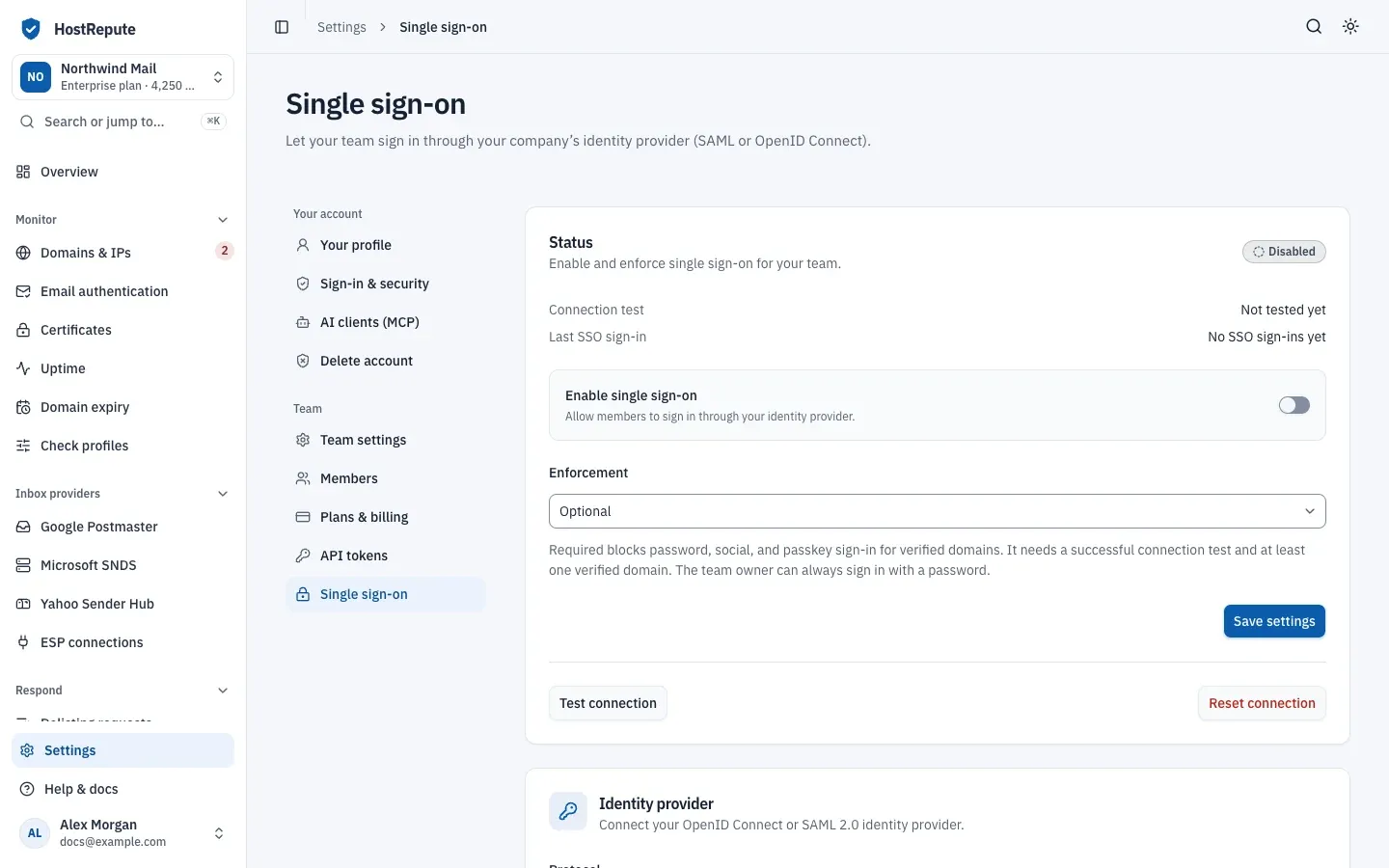 The Single sign-on page for a connection that is saved but off: the Status card marked Disabled with its connection test and last sign-in, the Enable single sign-on switch, Enforcement set to Optional, Save settings, Test connection and Reset connection, and the top of the Identity provider card.