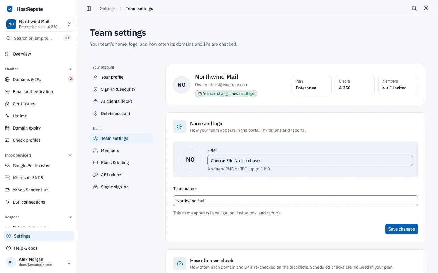 Team settings: the team's name, owner and plan at the top, the Name and logo card with the logo picker, the team name field and Save changes, and the start of the How often we check card.
